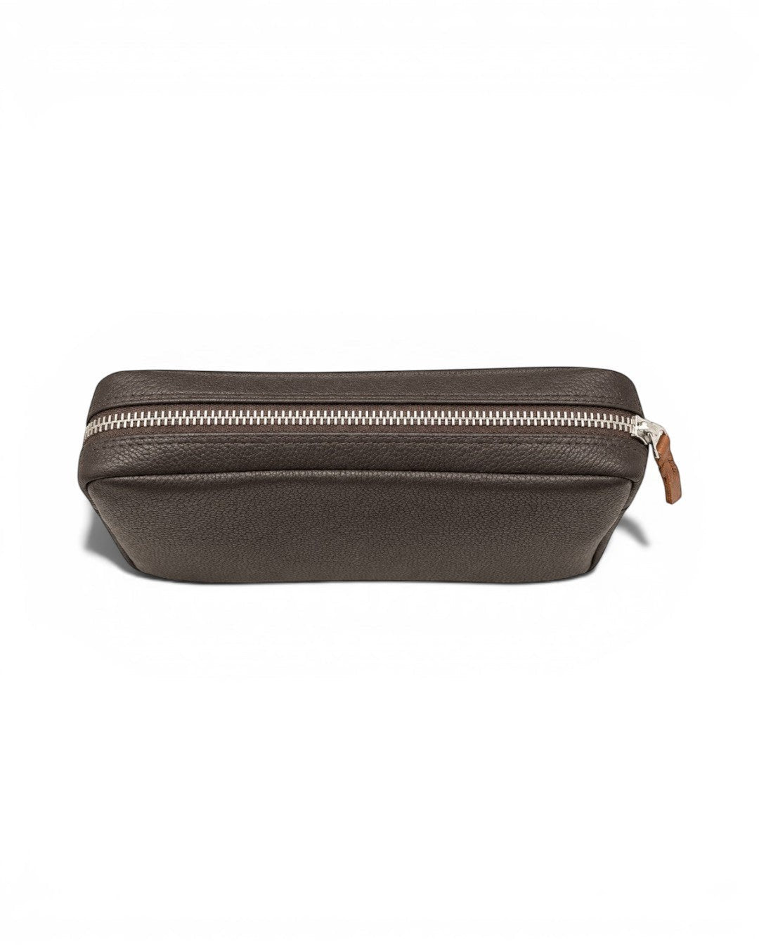 Wildebeast The Relay dark brown pebbled leather tech organiser pouch with a silver-tone metal zip and tan pull tab.