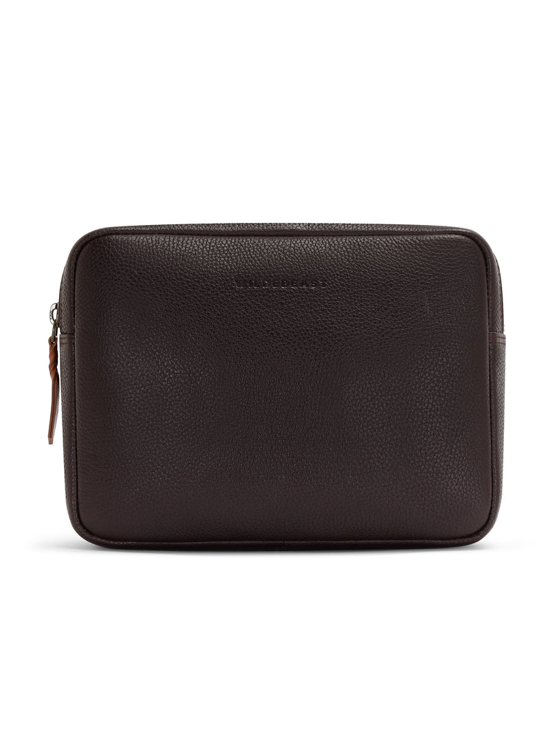 Wildebeast The Relay dark brown pebbled leather tech organiser pouch, front view