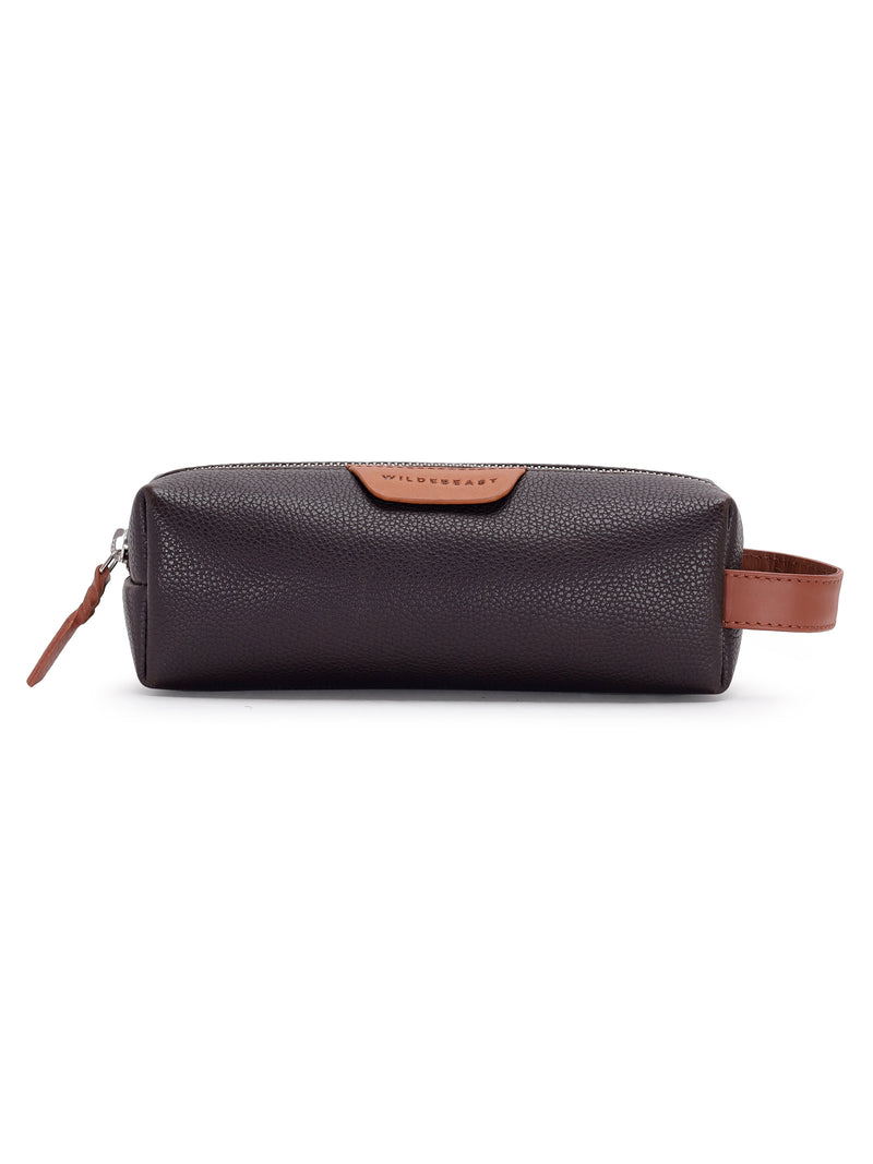 Wildebeast The Stash Pencil Kit dark brown pebbled leather pencil case with tan leather loop, front view