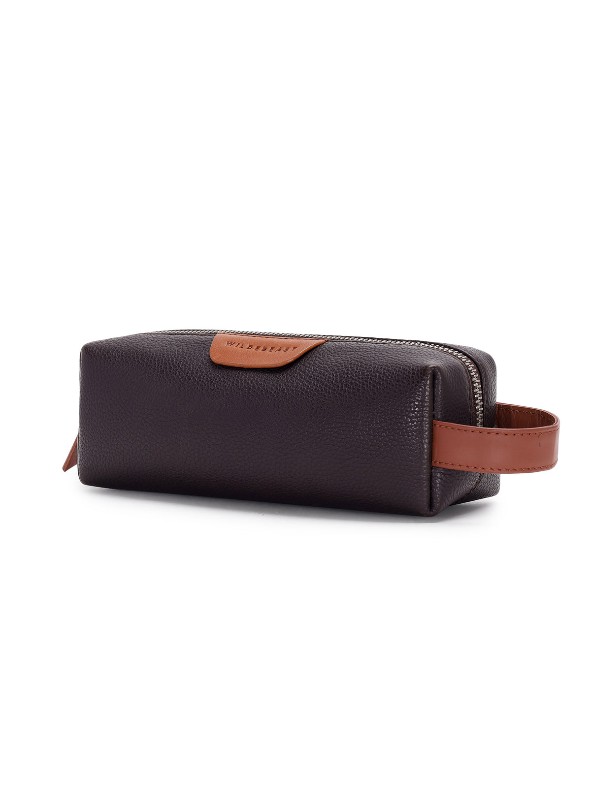 The Stash Pencil Kit brown leather pencil case, side view with tan logo patch