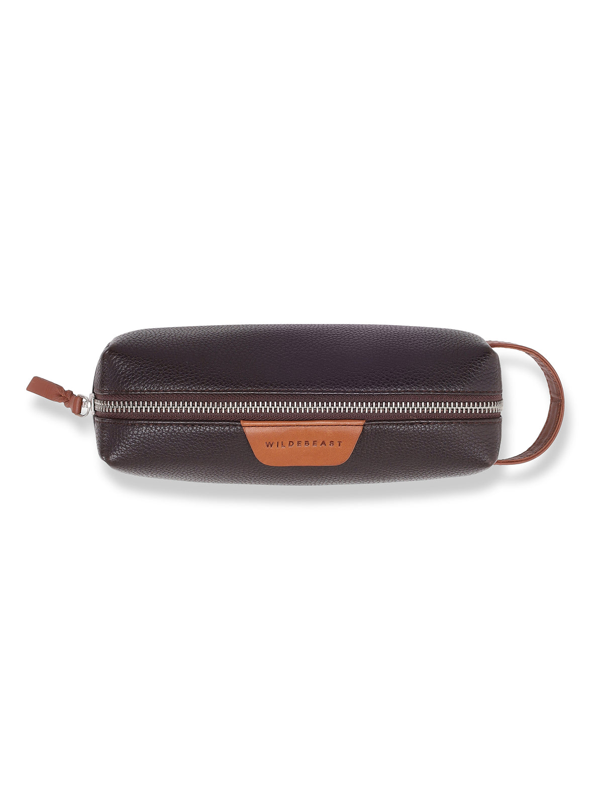 The Stash Pencil Kit brown leather pencil case, top view showing the zip