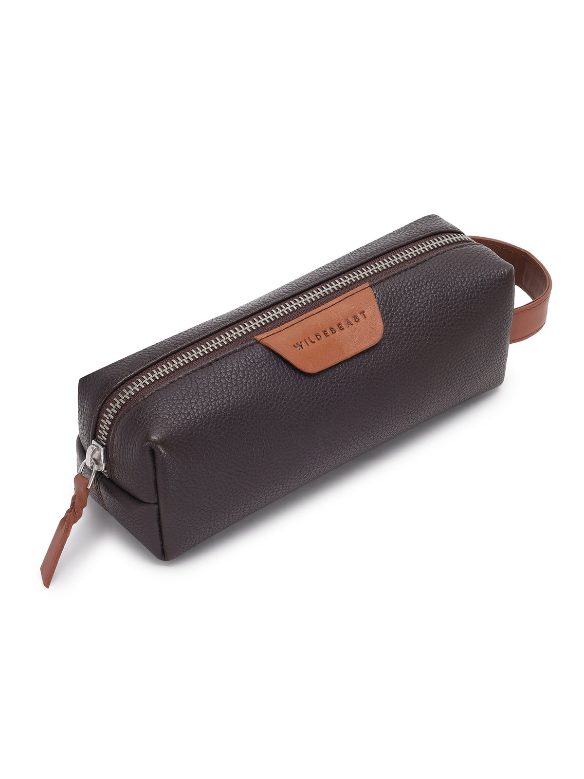 The Stash Pencil Kit brown leather pencil case, angled view
