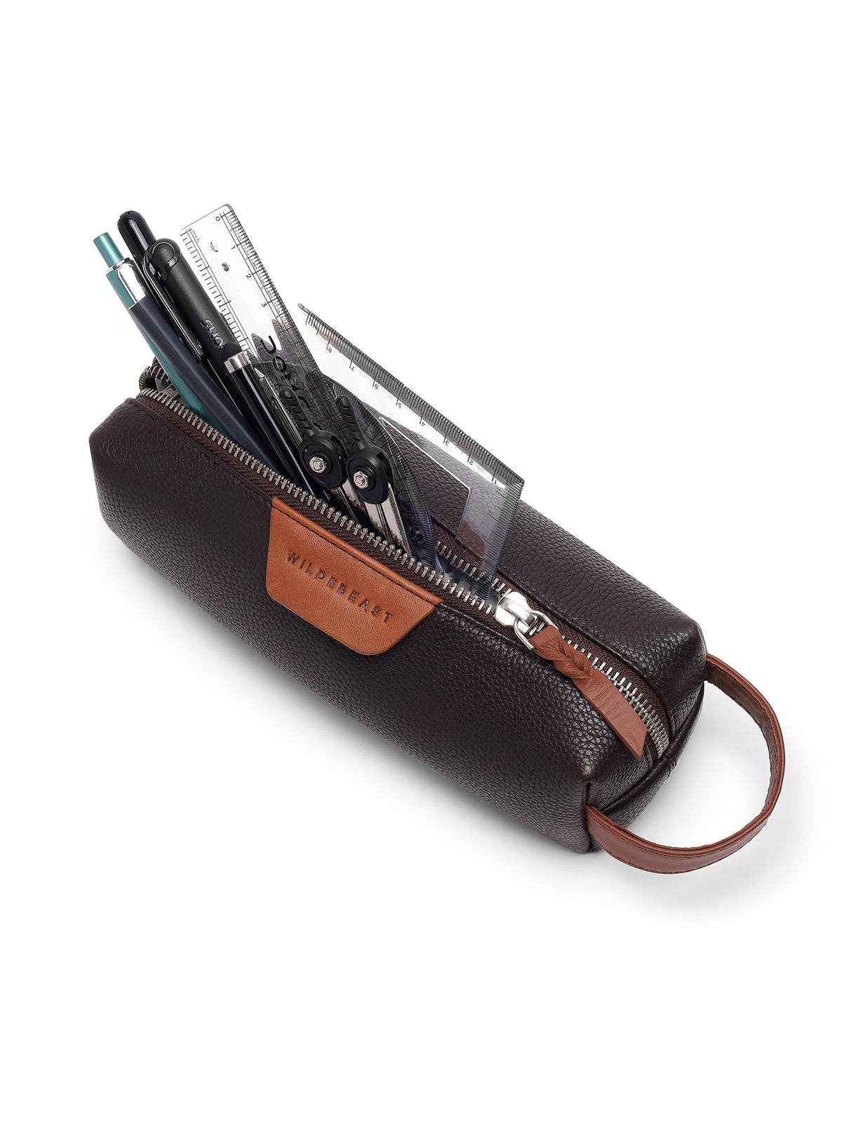 The Stash Pencil Kit open with pens, pencils and a ruler