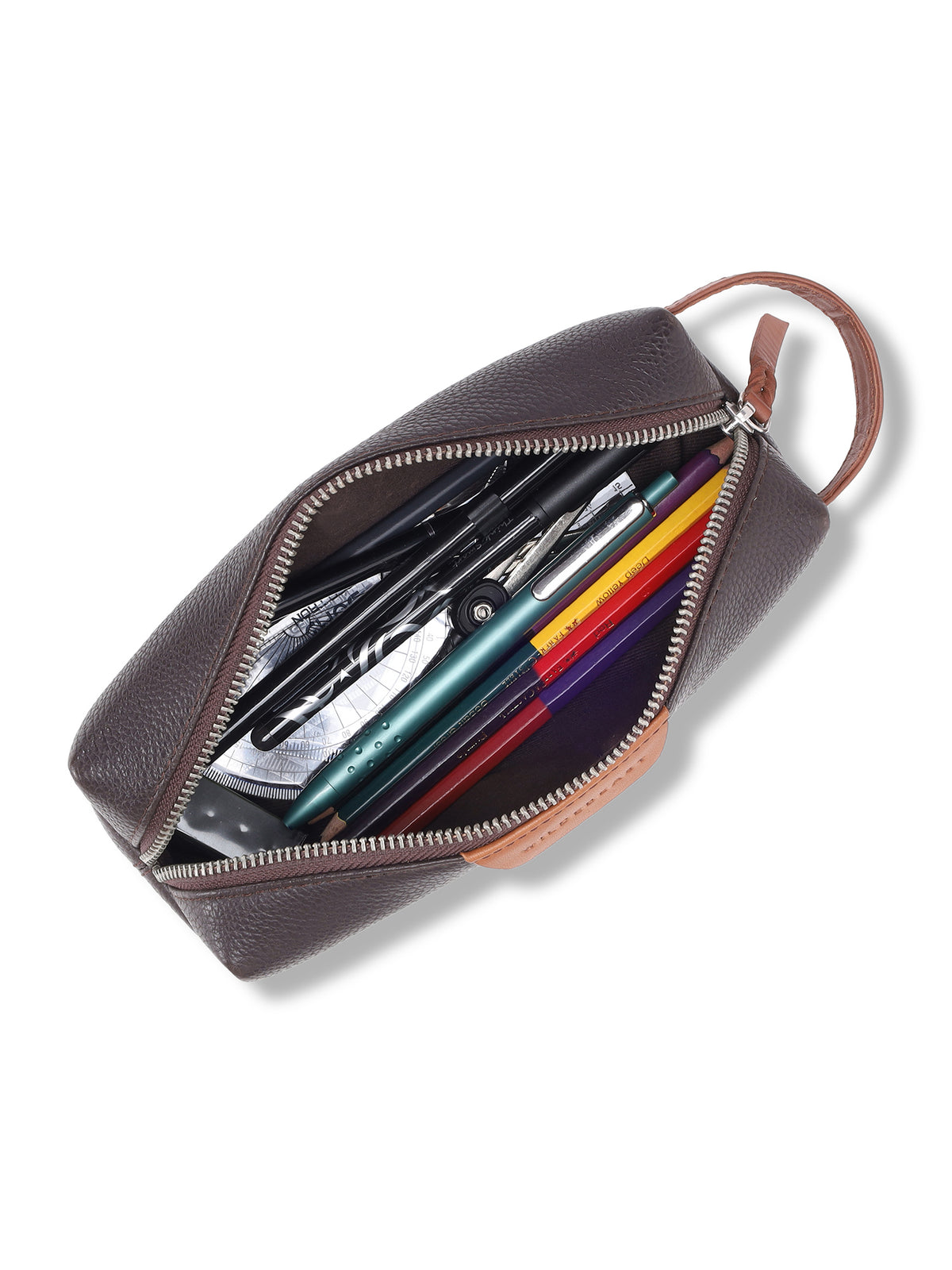 The Stash Pencil Kit open from above, packed with pens, markers and drawing tools