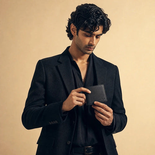 Wildebeast The Drift slim black Nappa leather bifold wallet held by a man in a black blazer