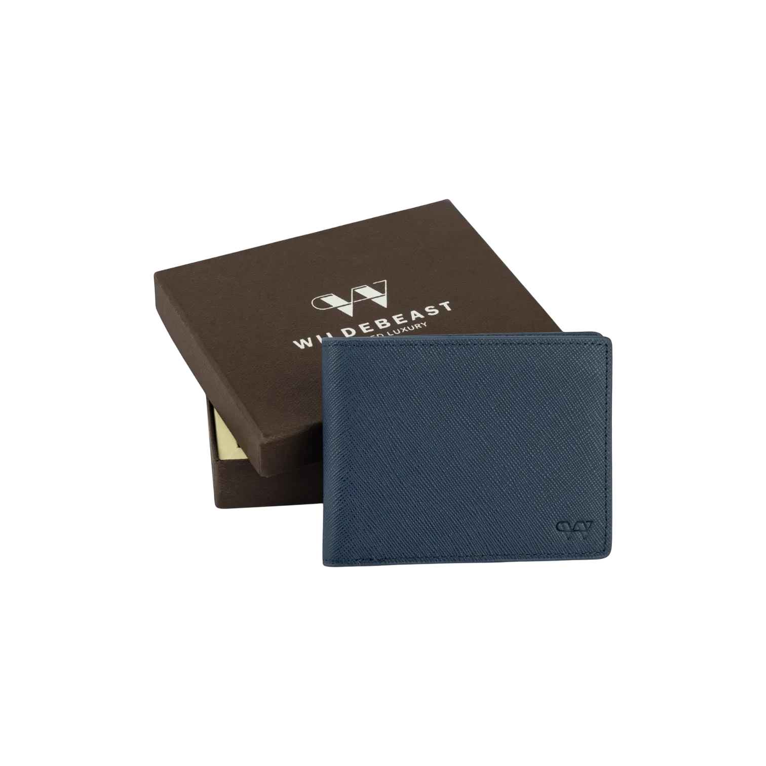 Wildebeast The Edge navy blue Saffiano leather bifold wallet with RFID protection and matching gift box.