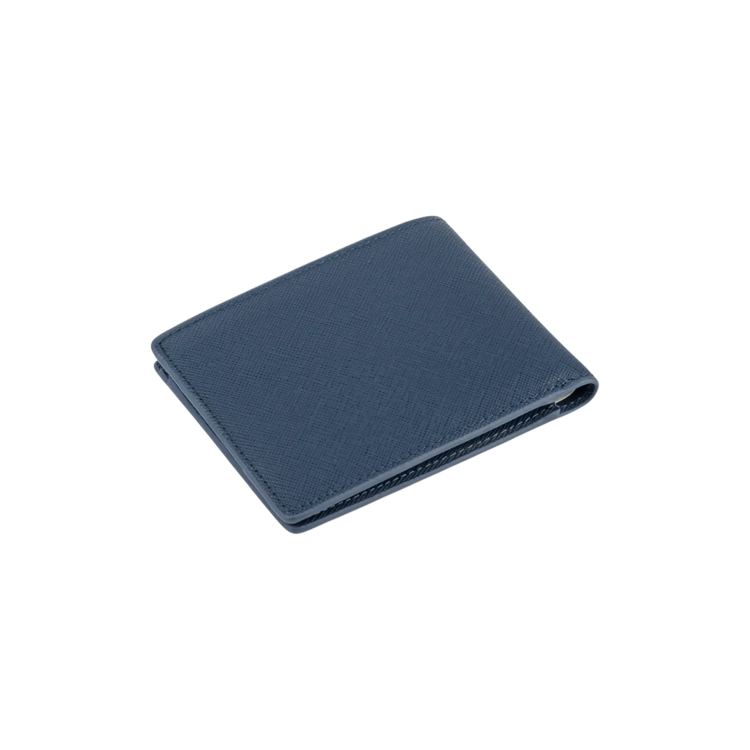 Wildebeast The Edge navy blue Saffiano leather bifold wallet with a slim, structured profile and RFID protection.