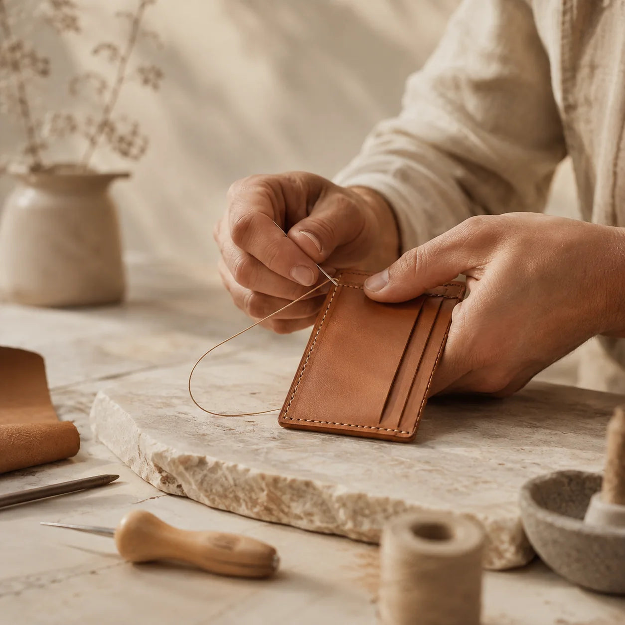 Artisan hand-stitching a leather card holder