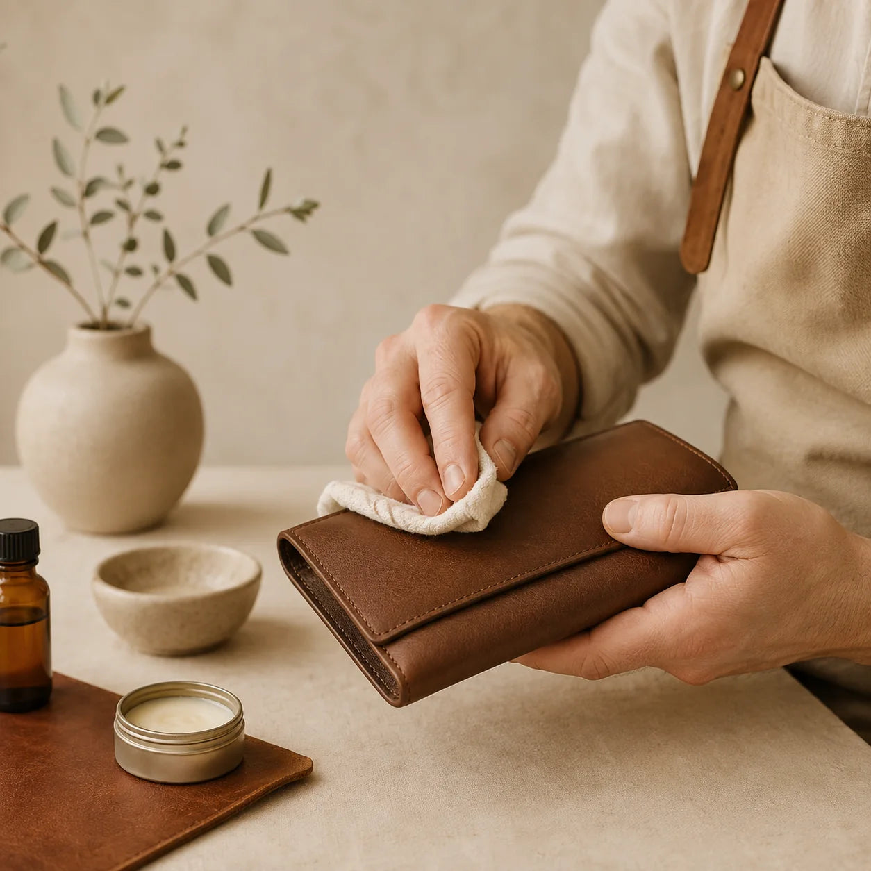 Conditioning a brown leather wallet by hand