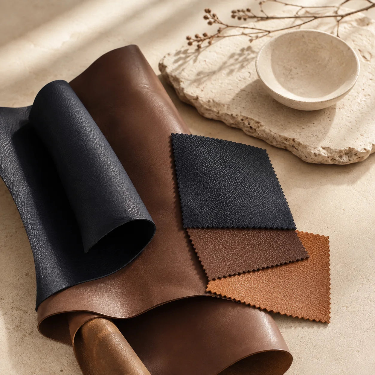 Full-grain leather hides and colour swatches laid out on stone